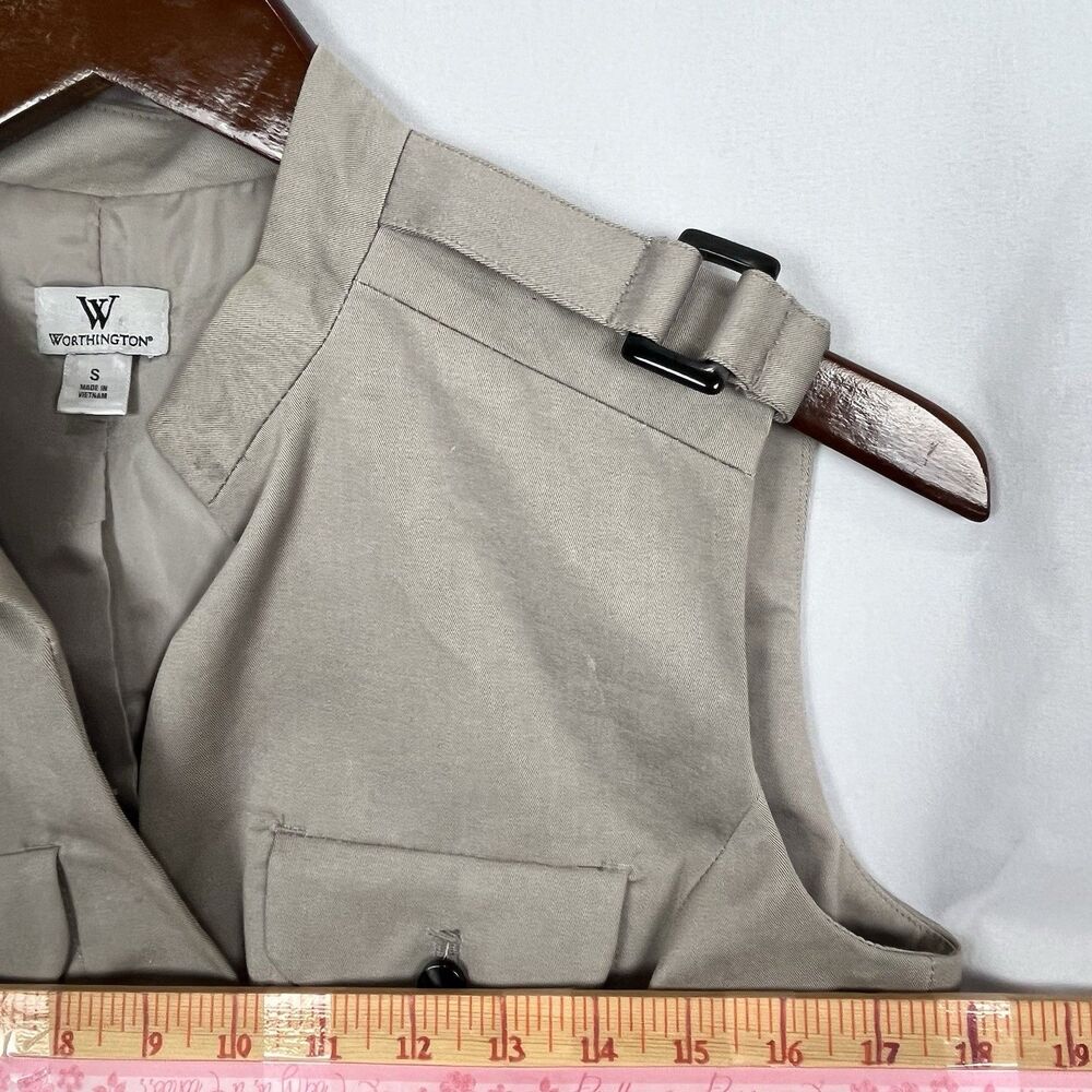 Worthington Women Beige Utility Vest Belted Safari Sleeveless Jacket S - Picture 12 of 16